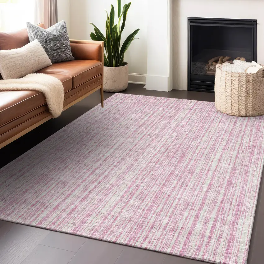 Pink And Ivory Striped Washable Area Rug With UV Protection Photo 4