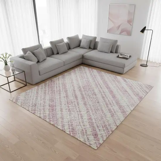 Pink And Ivory Striped Washable Area Rug With UV Protection Photo 2