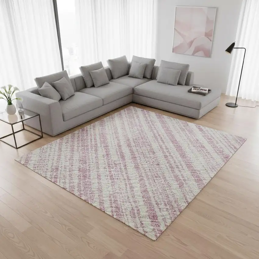 Pink And Ivory Striped Washable Area Rug With UV Protection Photo 2