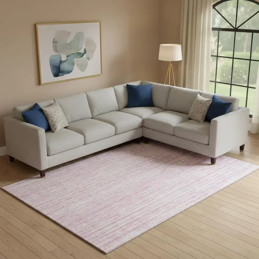 Pink And Ivory Striped Washable Area Rug With UV Protection Photo 2