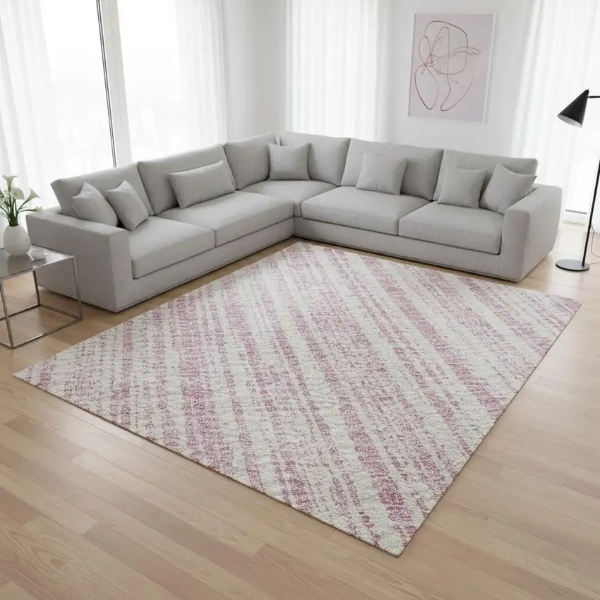 Pink And Ivory Striped Washable Area Rug With UV Protection Photo 2