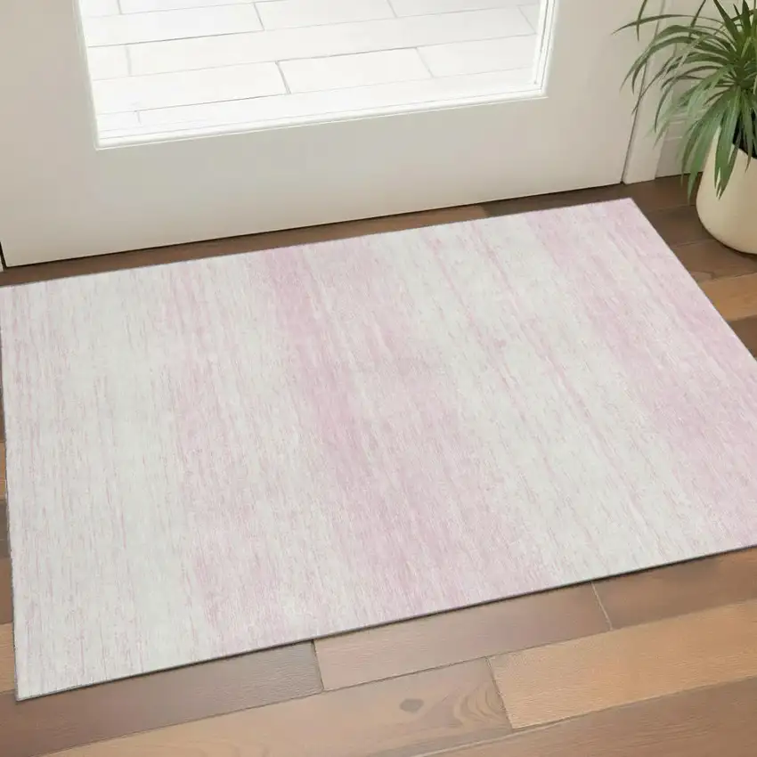 Pink And Ivory Striped Washable Area Rug With UV Protection Photo 1
