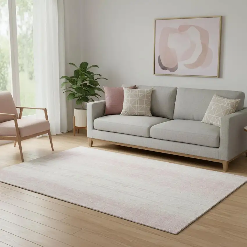 Pink And Ivory Striped Washable Area Rug With UV Protection Photo 1