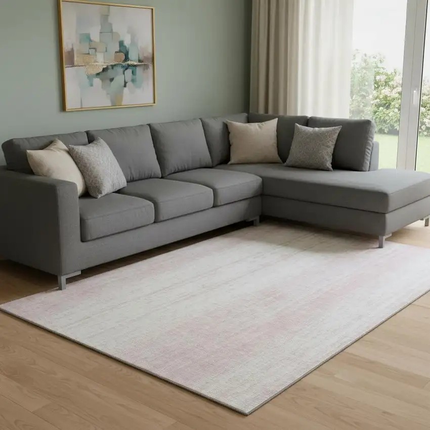 Pink And Ivory Striped Washable Area Rug With UV Protection Photo 1