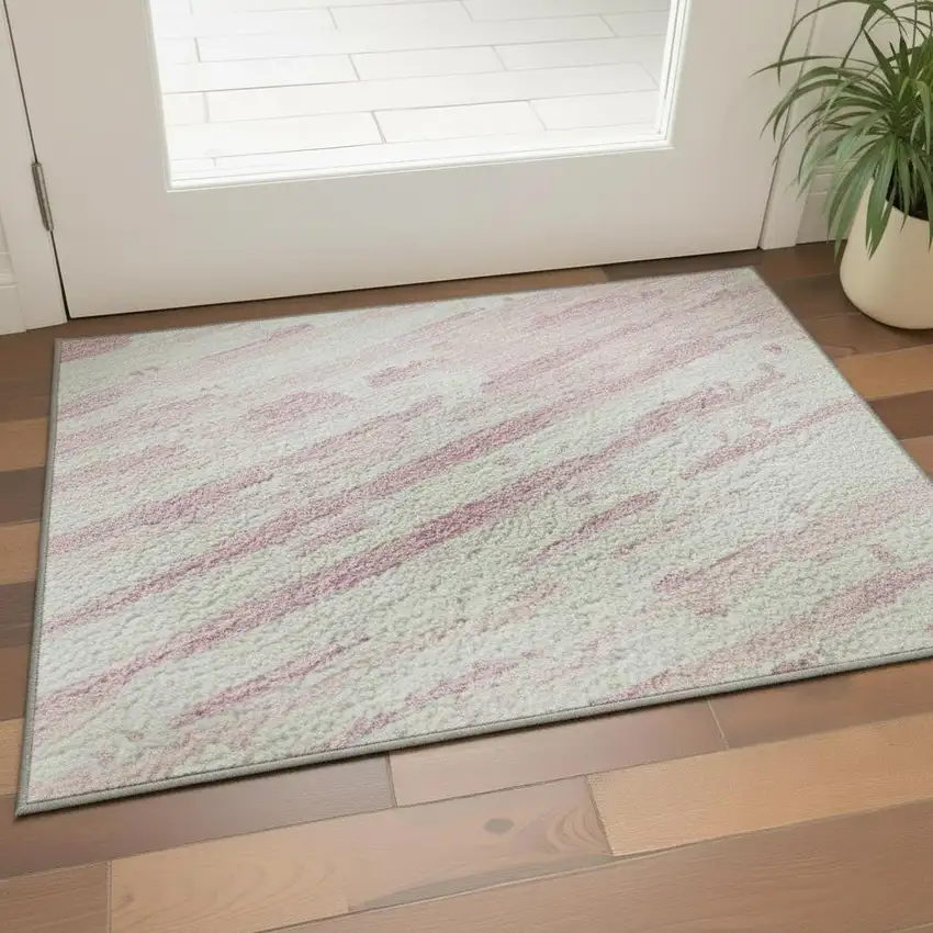 Pink And Ivory Striped Washable Area Rug With UV Protection Photo 2