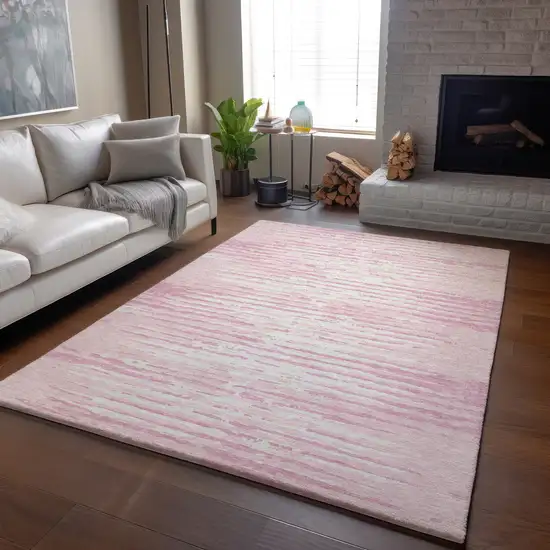 Pink And Ivory Striped Washable Area Rug With UV Protection Photo 5