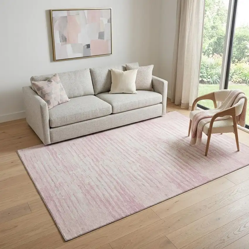 Pink And Ivory Striped Washable Area Rug With UV Protection Photo 1