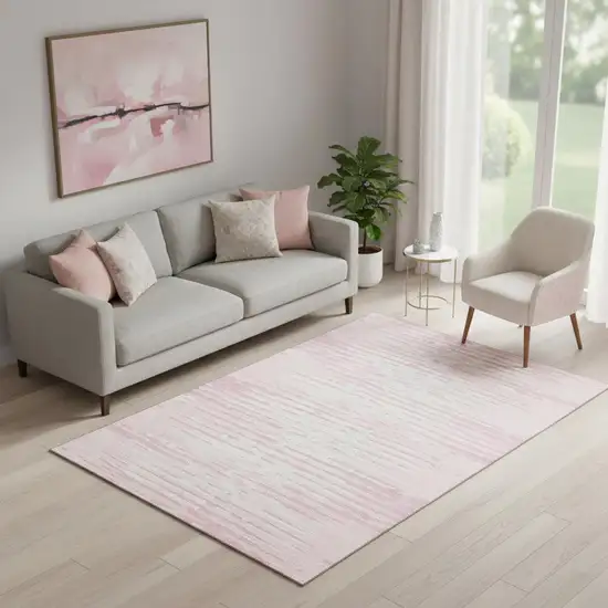 Pink And Ivory Striped Washable Area Rug With UV Protection Photo 1