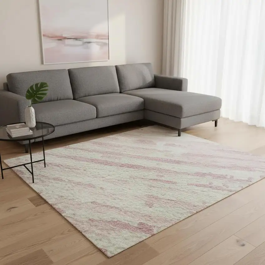 Pink And Ivory Striped Washable Area Rug With UV Protection Photo 2