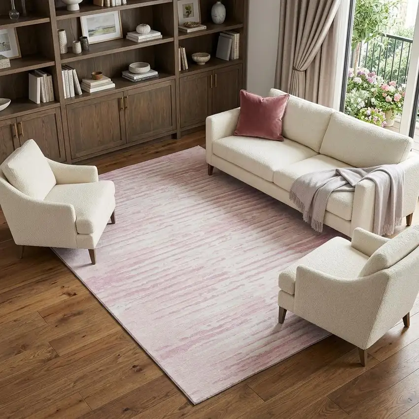 Pink And Ivory Striped Washable Area Rug With UV Protection Photo 1