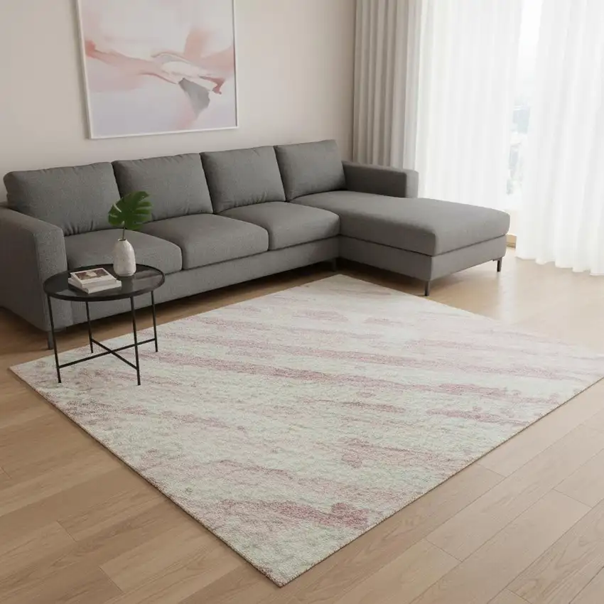 Pink And Ivory Striped Washable Area Rug With UV Protection Photo 2
