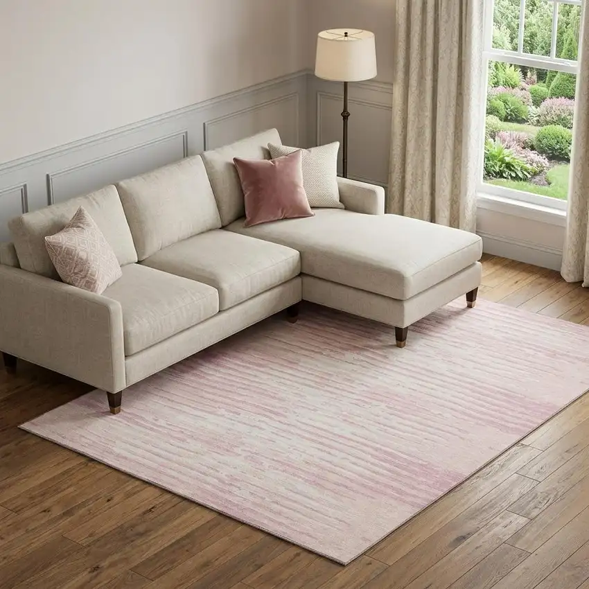 Pink And Ivory Striped Washable Area Rug With UV Protection Photo 1