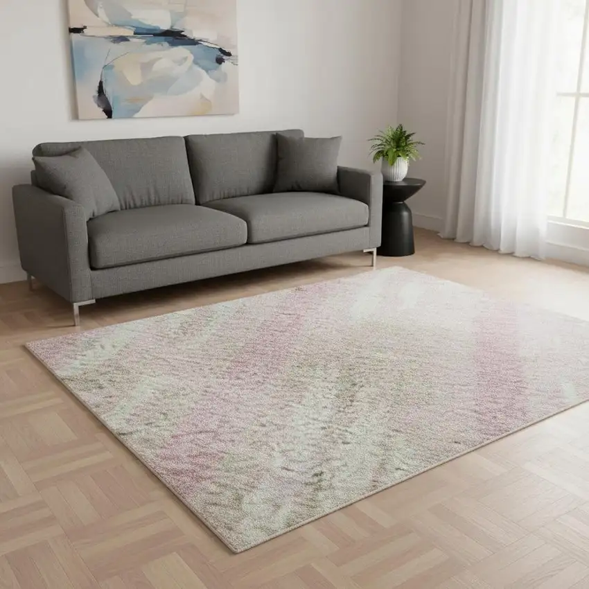 Pink And Ivory Striped Washable Area Rug With UV Protection Photo 2