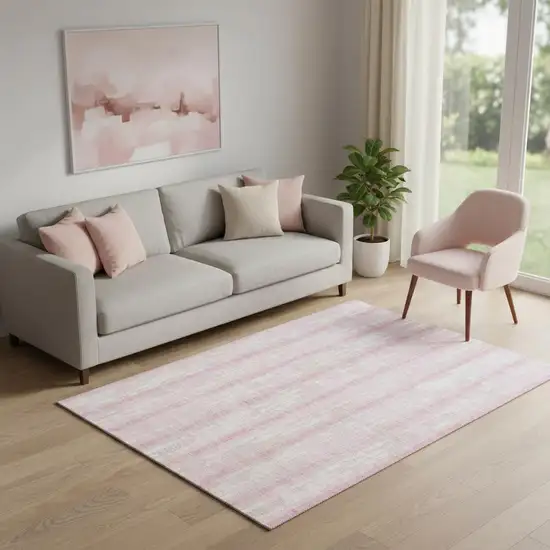 Pink And Ivory Striped Washable Area Rug With UV Protection Photo 1