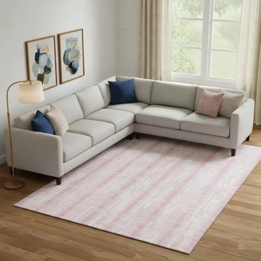 Pink And Ivory Striped Washable Area Rug With UV Protection Photo 1