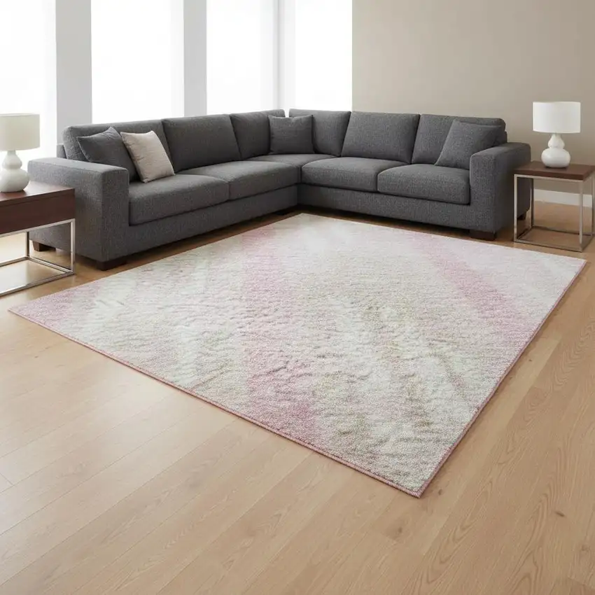 Pink And Ivory Striped Washable Area Rug With UV Protection Photo 2