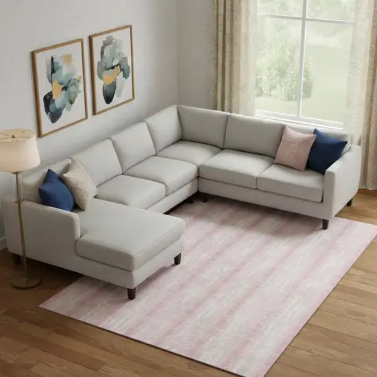 Pink And Ivory Striped Washable Area Rug With UV Protection Photo 1