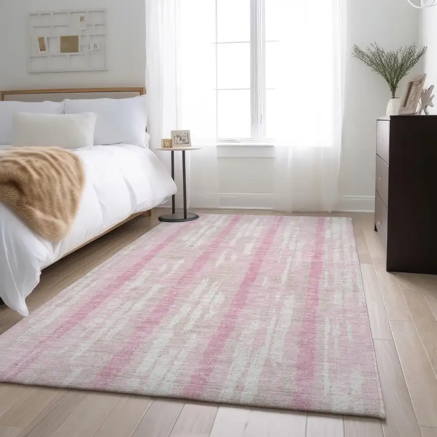 Pink And Ivory Striped Washable Area Rug With UV Protection Photo 4