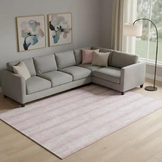 Pink And Ivory Striped Washable Area Rug With UV Protection Photo 1