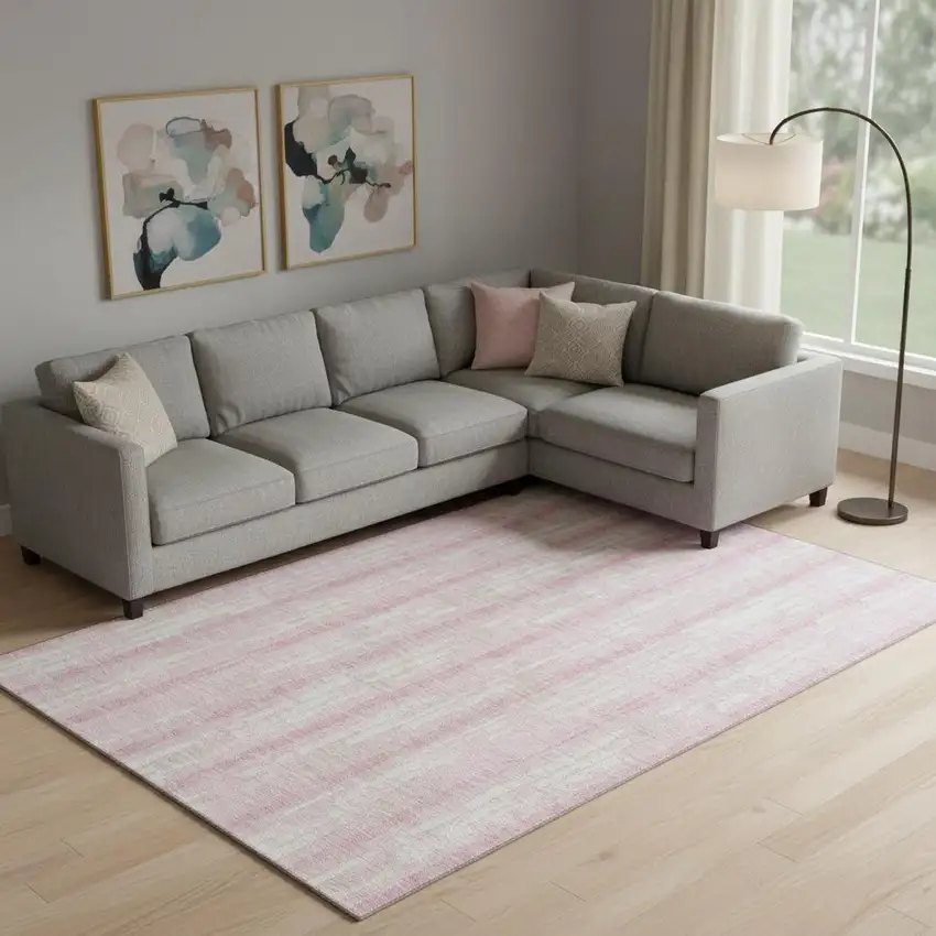 Pink And Ivory Striped Washable Area Rug With UV Protection Photo 1