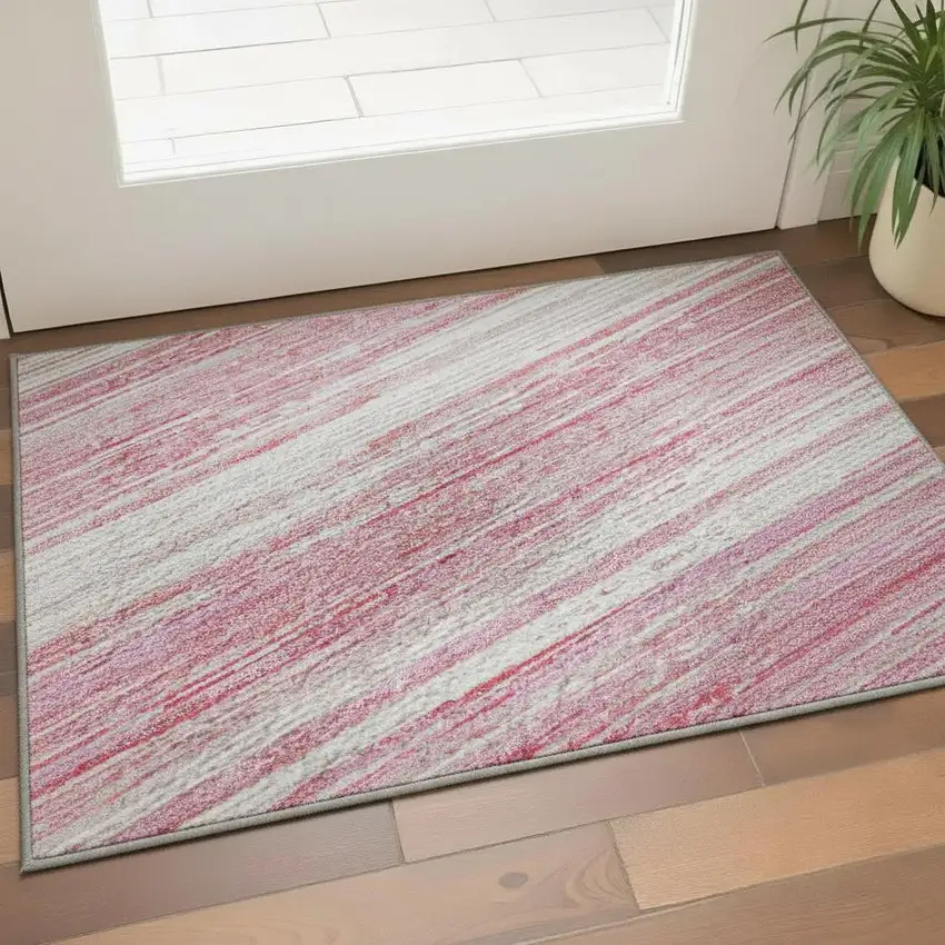 Pink And Ivory Striped Washable Area Rug With UV Protection Photo 2