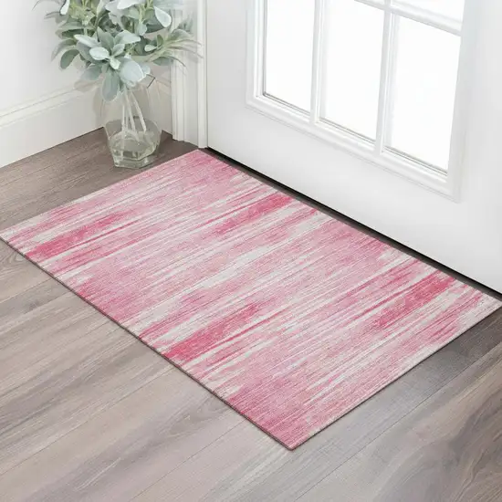 Pink And Ivory Striped Washable Area Rug With UV Protection Photo 1