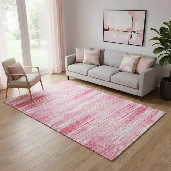 Pink And Ivory Striped Washable Area Rug With UV Protection Photo 1