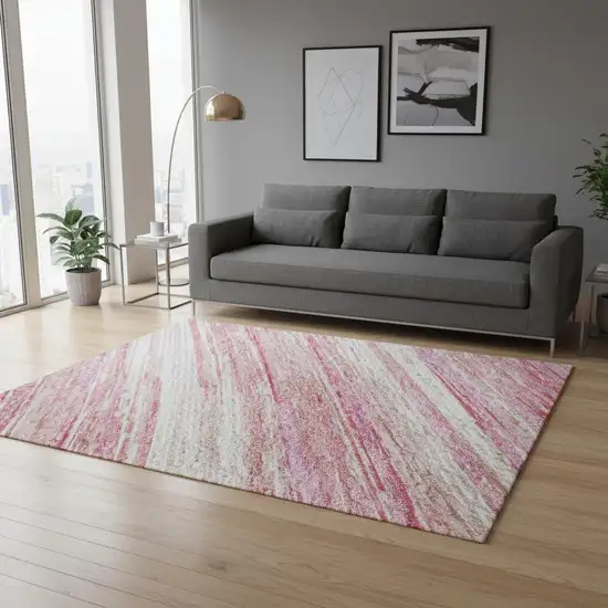 Pink And Ivory Striped Washable Area Rug With UV Protection Photo 2