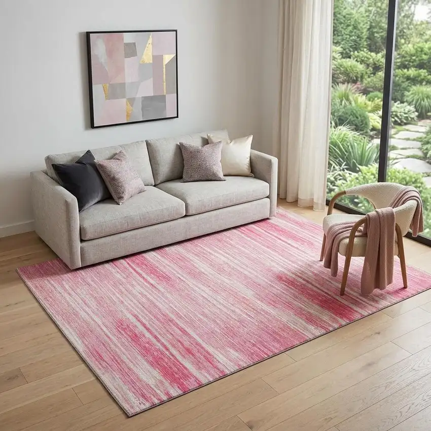 Pink And Ivory Striped Washable Area Rug With UV Protection Photo 1