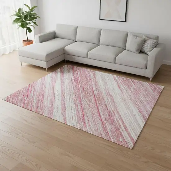 Pink And Ivory Striped Washable Area Rug With UV Protection Photo 2