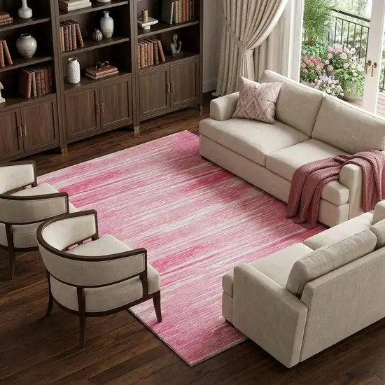 Pink And Ivory Striped Washable Area Rug With UV Protection Photo 1