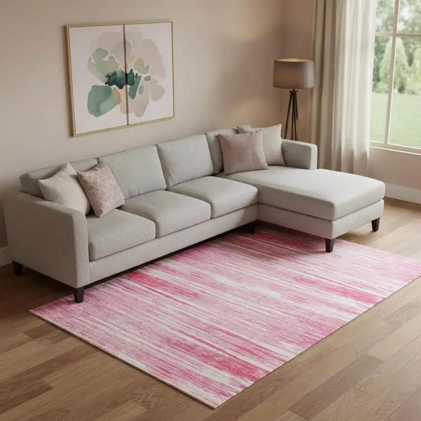 Pink And Ivory Striped Washable Area Rug With UV Protection Photo 1