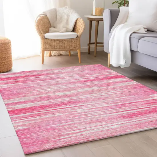 Pink And Ivory Striped Washable Area Rug With UV Protection Photo 4