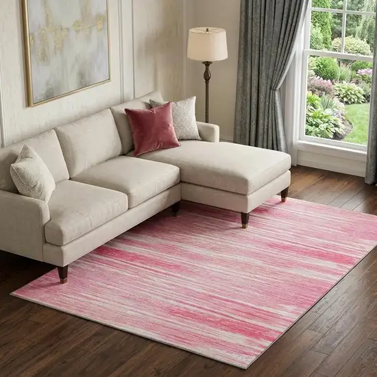 Pink And Ivory Striped Washable Area Rug With UV Protection Photo 1