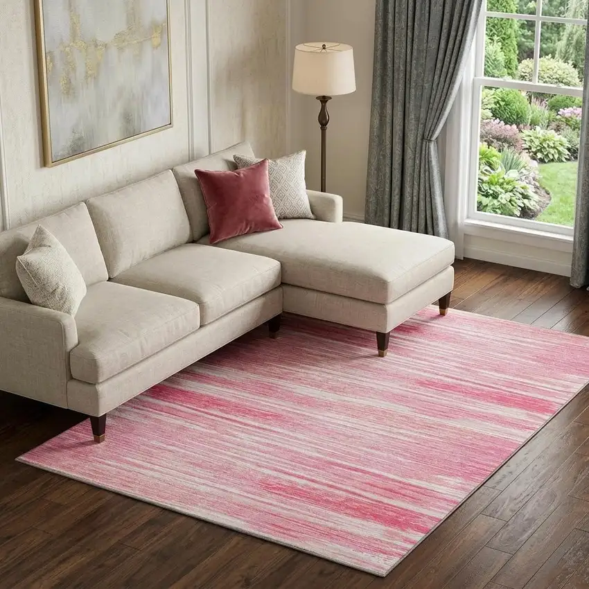 Pink And Ivory Striped Washable Area Rug With UV Protection Photo 1