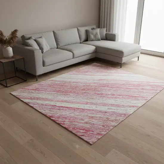 Pink And Ivory Striped Washable Area Rug With UV Protection Photo 2