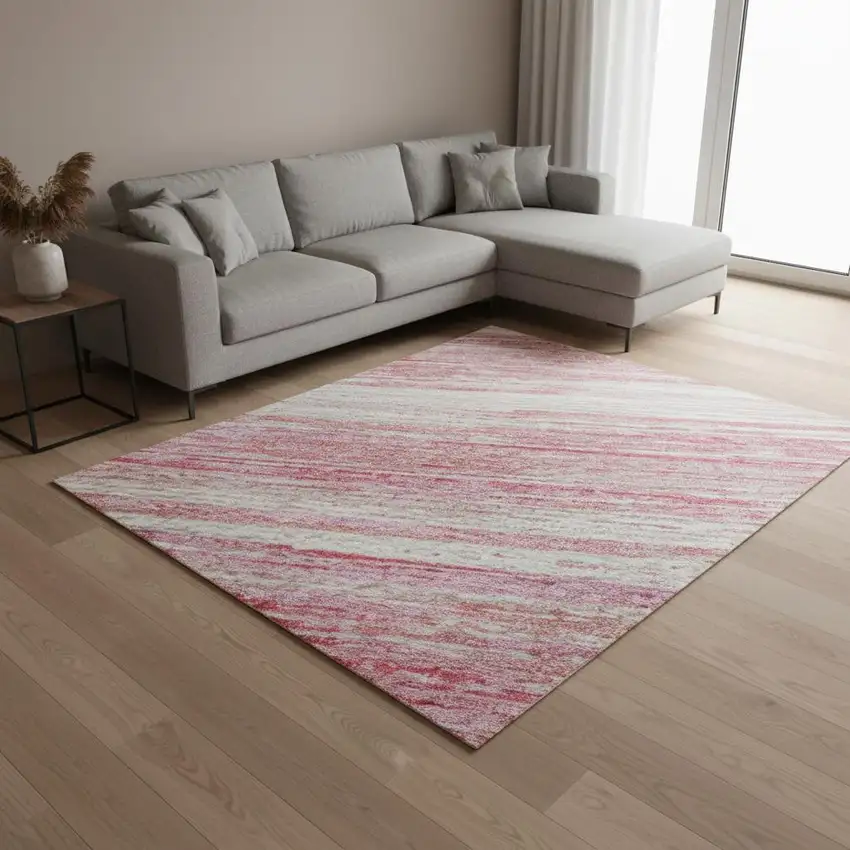 Pink And Ivory Striped Washable Area Rug With UV Protection Photo 2