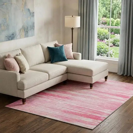 Pink And Ivory Striped Washable Area Rug With UV Protection Photo 1