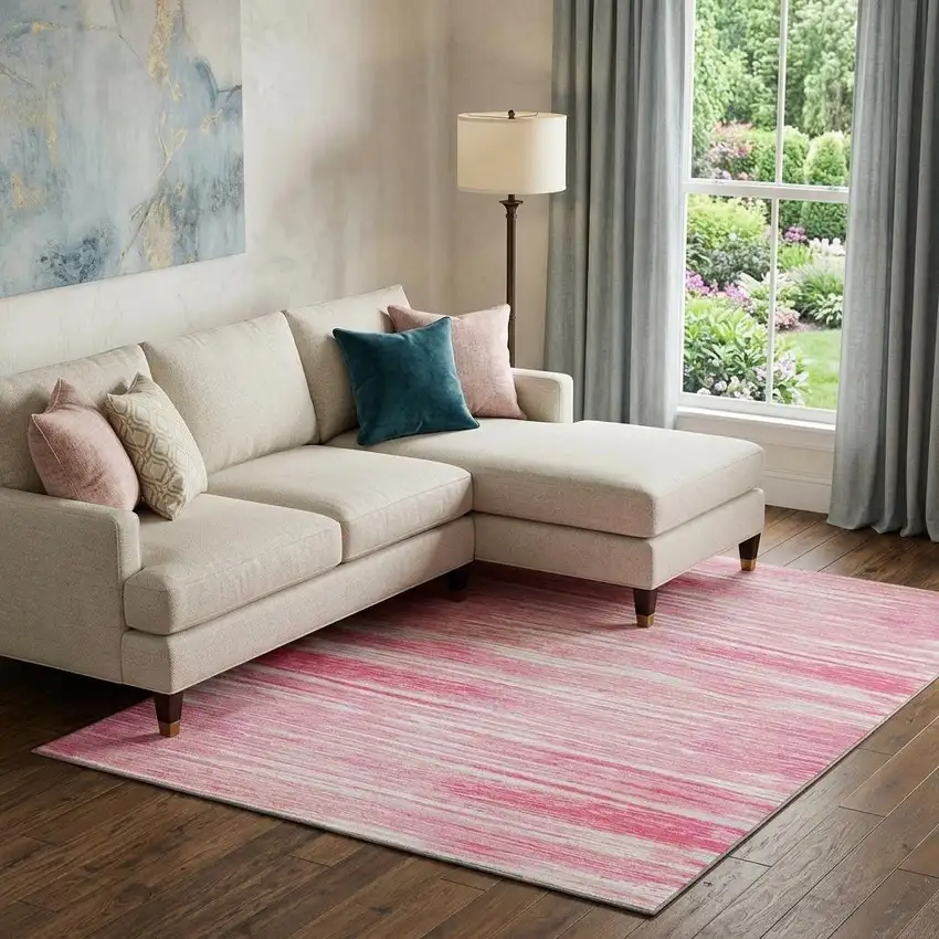 Pink And Ivory Striped Washable Area Rug With UV Protection Photo 1