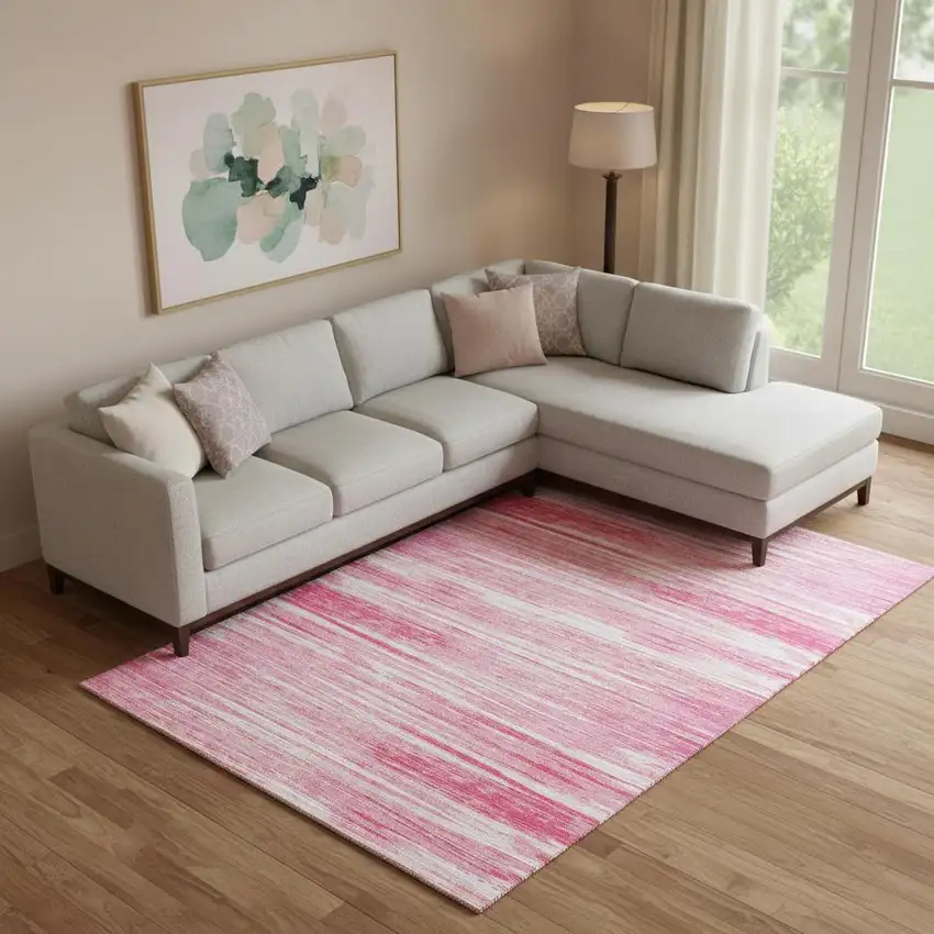 Pink And Ivory Striped Washable Area Rug With UV Protection Photo 1