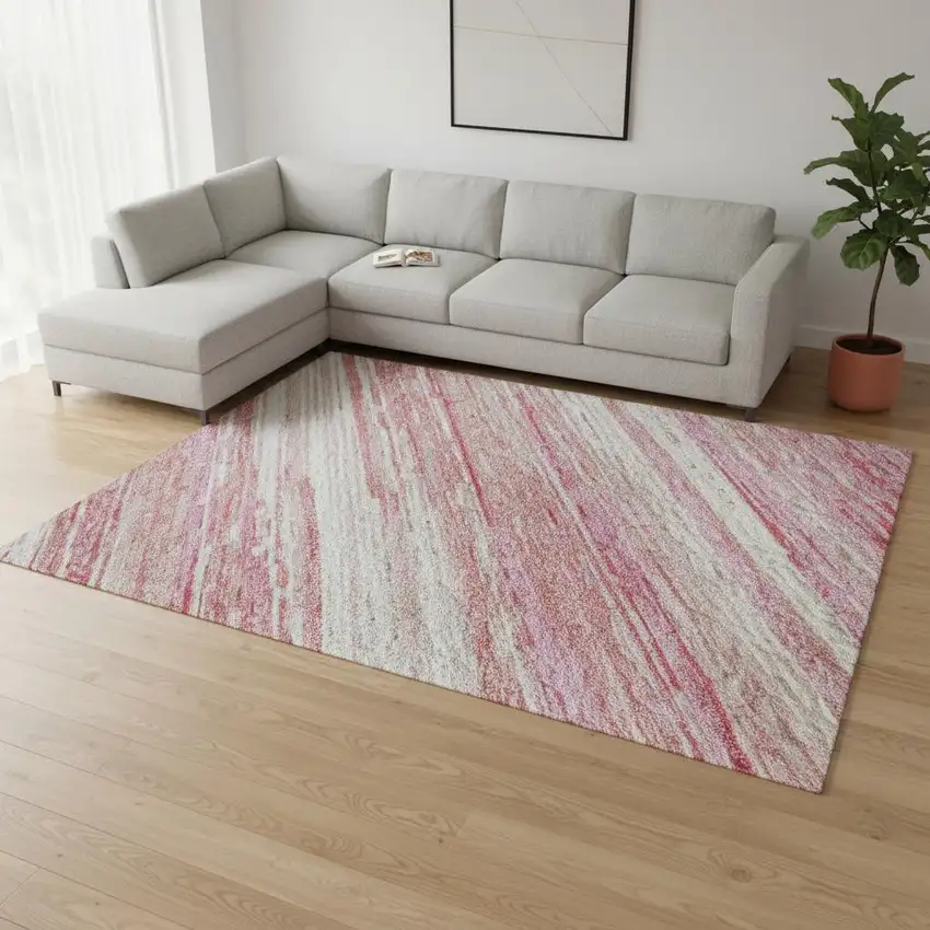 Pink And Ivory Striped Washable Area Rug With UV Protection Photo 2