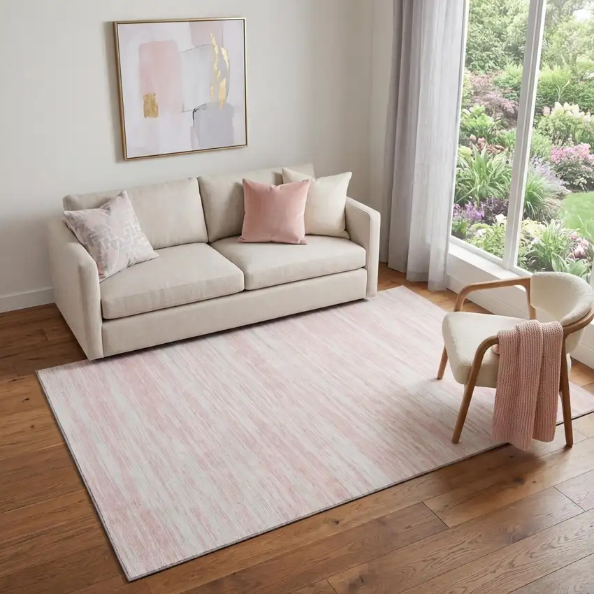Pink And Ivory Striped Washable Area Rug With UV Protection Photo 1