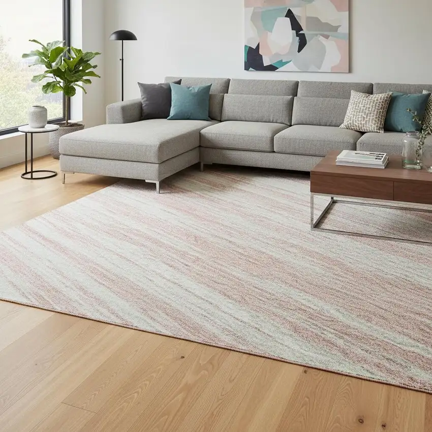 Pink And Ivory Striped Washable Area Rug With UV Protection Photo 2