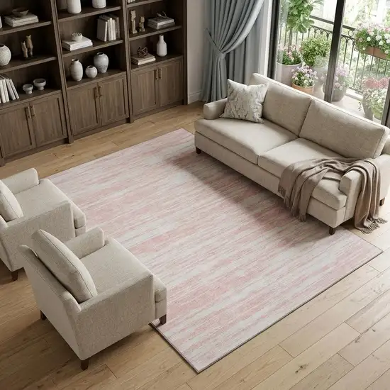 Pink And Ivory Striped Washable Area Rug With UV Protection Photo 1