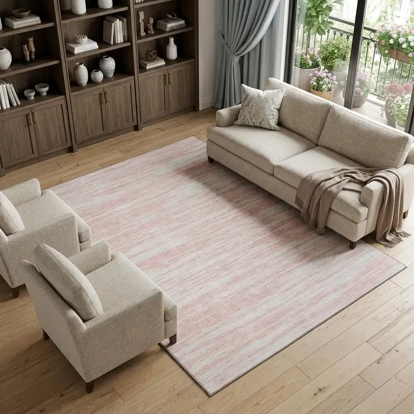 Pink And Ivory Striped Washable Area Rug With UV Protection Photo 1
