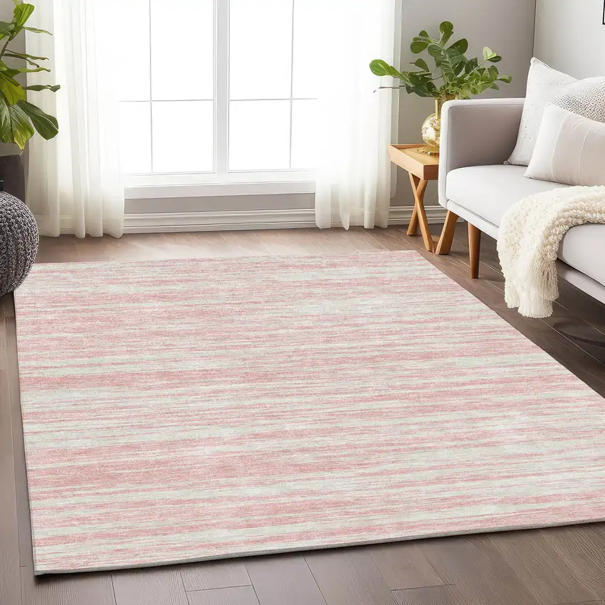 Pink And Ivory Striped Washable Area Rug With UV Protection Photo 3