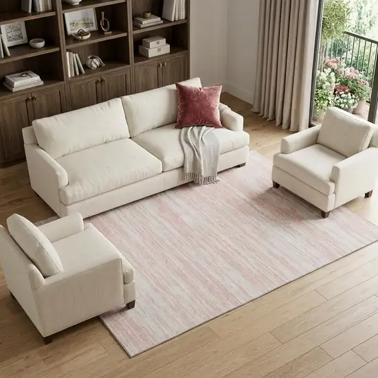 Pink And Ivory Striped Washable Area Rug With UV Protection Photo 1