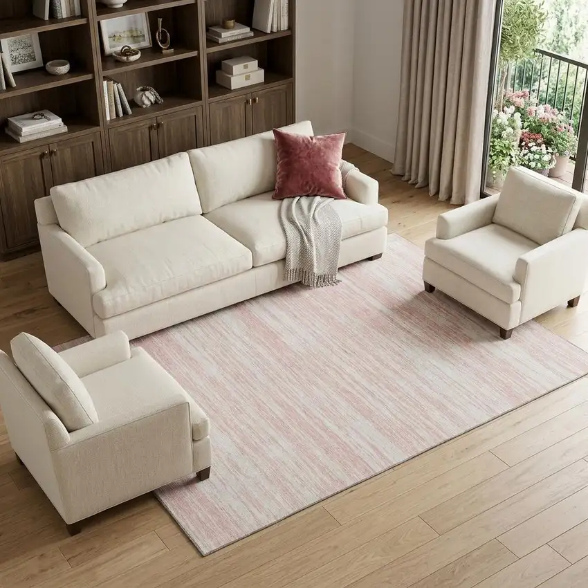 Pink And Ivory Striped Washable Area Rug With UV Protection Photo 1