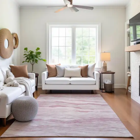 Pink And Ivory Striped Washable Area Rug With UV Protection Photo 5