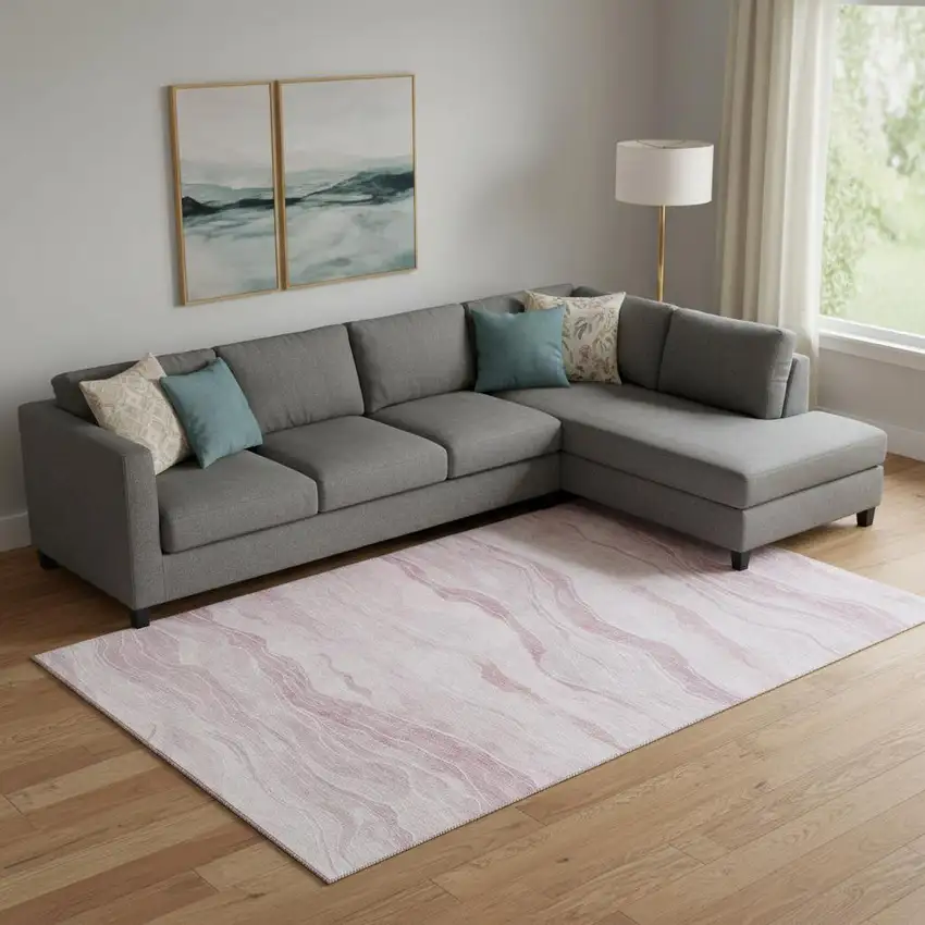 Pink And Ivory Striped Washable Area Rug With UV Protection Photo 2